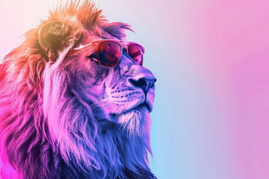 A regal lion sporting regal shades, ideal for editorial use.blank templated, rule of thirds, space for text, isolated white background neon light, extreme right, rule of third