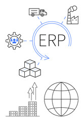 ERP concept with gear, team icon, truck, factory, warehouse blocks, rising bar graph, and globe. Ideal for supply chain production logistics globalization teamwork data management. Abstract line