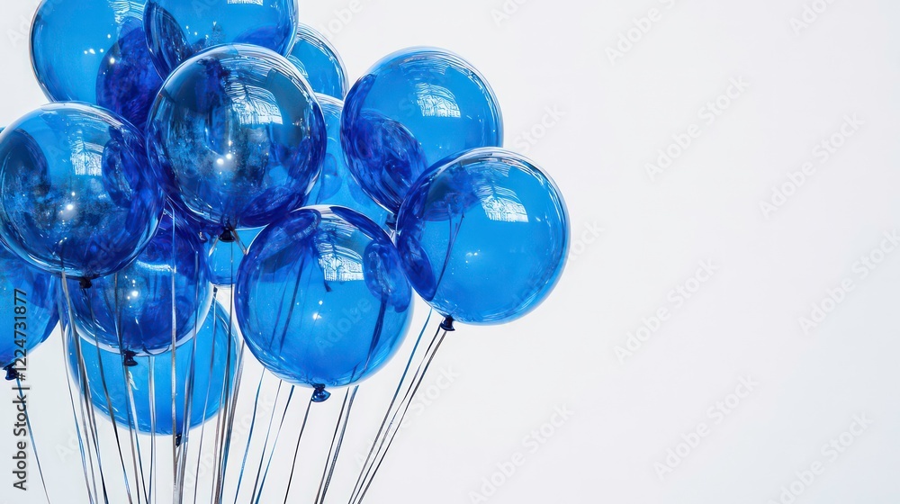 Poster cluster of shiny blue balloons tied with metallic strings creating a festive playful atmosphere in a