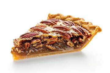 Delicious slice of homemade pecan pie with glossy filling, set against a clean white background highlighting its texture isolated on transparent background
