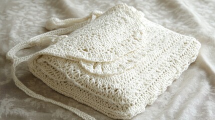 Textured view of a crochet bag with scalloped edges on a neutral-toned tablecloth.