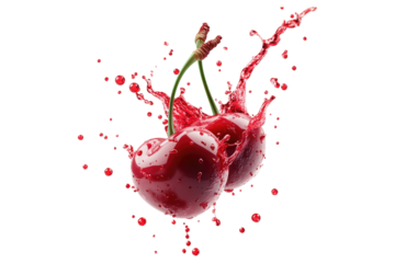 Fresh cherries with red juice splash isolated on white or transparent, PNG