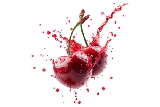 Fresh cherries with red juice splash isolated on white or transparent, PNG