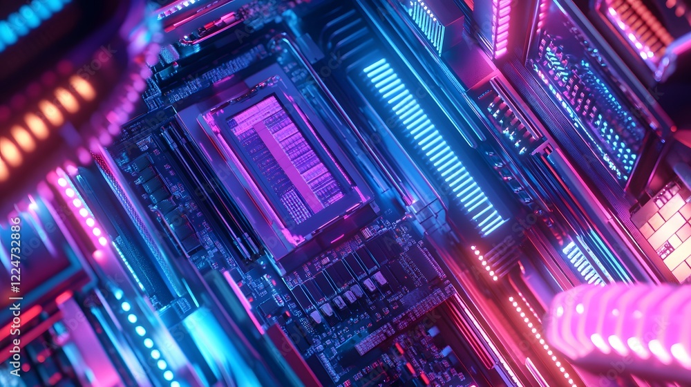 Poster a computer chip that is illuminated in a neon color scheme. the chip is surrounded by a variety of l