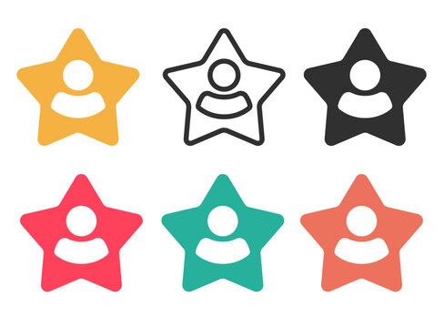 Star user person icon vector simple graphic set, stroke line solid favorite profile rating sign, best customer quality achievement review symbol pictogram, simple client award silhouette image
