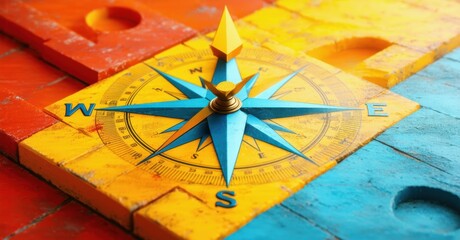 Golden compass with intricate details pointing north, symbolizing guidance, direction, navigation, precision. Sleek design contrasts with vibrant background, evoking clarity
