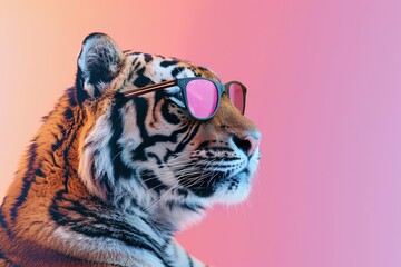 A stylish tiger in sunglasses, set against a pastel backdrop for an editorial.blank templated, rule of thirds, space for text, isolated white background neon light, extreme right, rule of third
