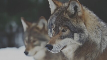 Obraz premium Intense Close-up Portrait of Wild Wolf Pair in Natural Forest Habitat, Wildlife Nature Photography Predator Animal Face Expression Detail Showing Natural Behavior