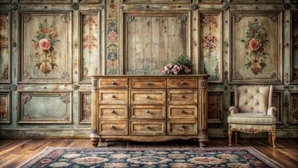 Distressed wood paneling on a vintage dresser with ornate carvings and worn upholstery, set against a faded floral rug , distressed wood, old interior