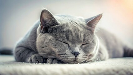 Serene grey British Shorthair silhouette, peacefully sleeping, a domestic feline's tranquil slumber.