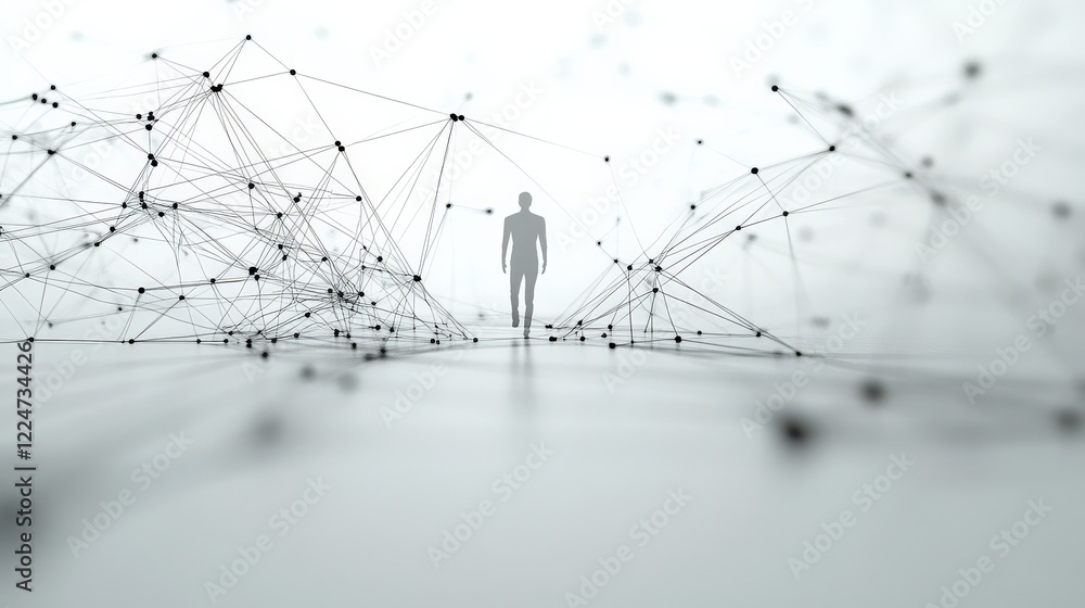 Poster a solitary figure walking through a network of interconnected lines in a minimalist space
