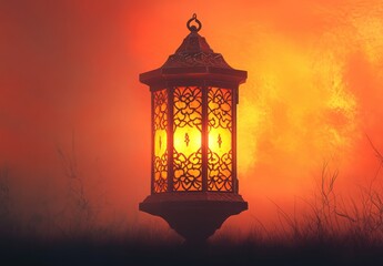 Fototapeta premium Lantern Glowing in Foggy Evening with Warm Ambient Light Effect