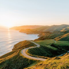 Winding coastal road trip at sunset scenic ocean view panoramic landscape warm tones serene environment