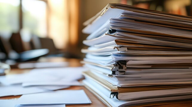 A towering stack of office documents sitting on a wooden desk under bright lighting