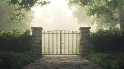Metal gate in a misty forest path.