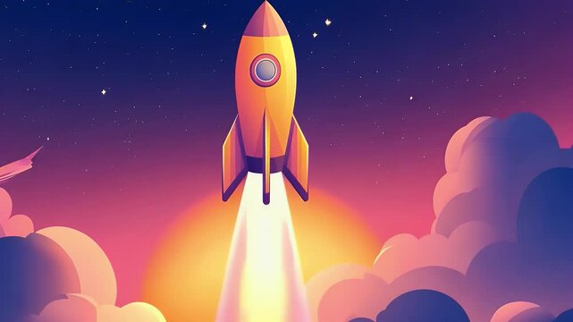 A vibrant and colorful animation of a yellow rocket launching into a starry night sky filled with soft clouds. The background showcases a gradient sunset with shades of orange and purple, creating an