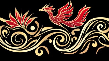 Fototapeta premium Elegant Phoenix Bird in Golden Floral Ornament