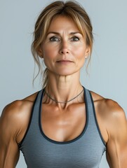 Studio portrait of strong, fit, middle-aged woman wearing gray sports bra, promoting healthy lifestyle and body positivity