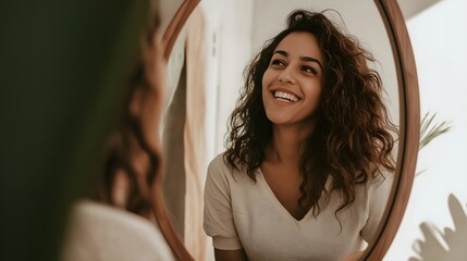 Fototapeta premium Natural beauty portrait of joyful young woman with curly hair reflecting in mirror, capturing authentic emotional expression and genuine happiness in intimate lifestyle photography setting
