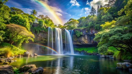 Stunning Kerikeri Rainbow Falls: High-resolution image showcasing cascading water and vibrant greenery.