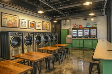 Laundromat with washing machines and tables, and drink vending machines, inside, for cleaning