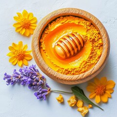 Rejuvenating homemade face mask made of honey and turmeric in a bowl on the table