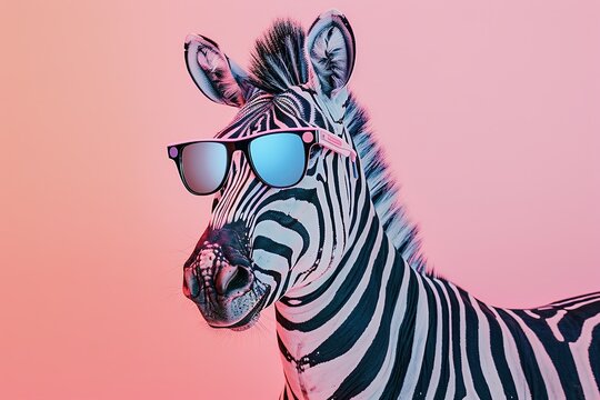 A surreal image of a zebra with mirrored sunglasses against a pastel background.blank templated, rule of thirds, space for text, isolated white background neon light, extreme right, rule of third