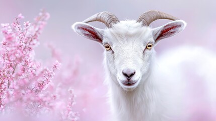 Fototapeta premium White goat in a spring blossom field. Nature scene, peaceful animal portrait. Ideal for calendars, greeting cards