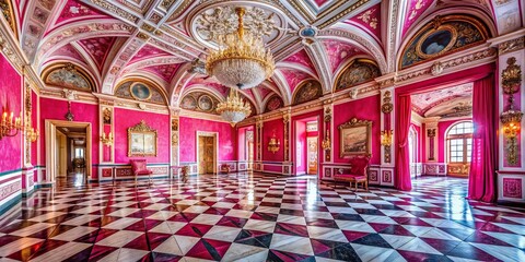 Obraz premium Luxurious Pink Palace Interior: Drone View of Panelled Walls & Marble Floor