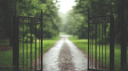 Open wrought-iron gate leads to a verdant path after rain.