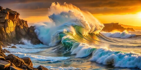 Massive ocean wave breaking against rugged rocky coastline at sunset with golden hues and foamy white crest, sea wave