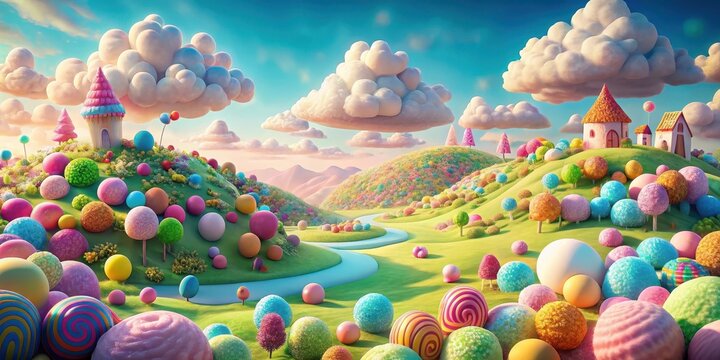 Colorful sugary sweets scattered all over a vibrant landscape with rolling hills and fluffy white clouds in a whimsical world, sweet treats, colorful sweets