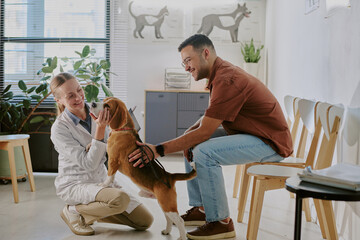Smiling veterinarian examining dog while dog owner holding pet in modern clinic with bright...