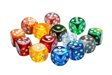 A vibrant collection of colorful dice arranged artistically on a bright white surface, showcasing creativity and playful charm isolated on transparent background