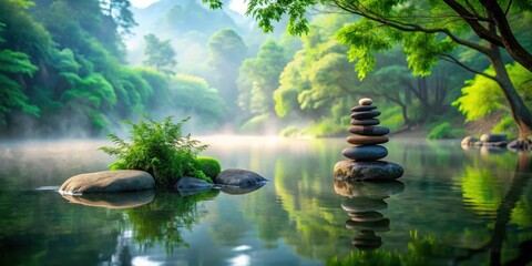 Naklejka premium Peaceful Zen moment amidst nature's serenity with balancing pebbles next to a misty lake surrounded by serene trees and lush greenery, mystical atmosphere, harmony in nature