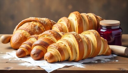 Freshly baked croissants on a wooden countertop, with a jar of jam placed beside them, creating a warm and inviting breakfast scene.