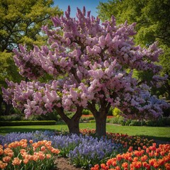 Obraz premium A stunning flowering tree covered in lilac blooms, surrounded by a colorful garden of roses and tulips.