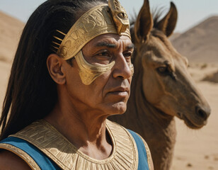 Obraz premium An ancient ruler in regal attire stands next to a horse in a desert landscape during sunset. Generative AI