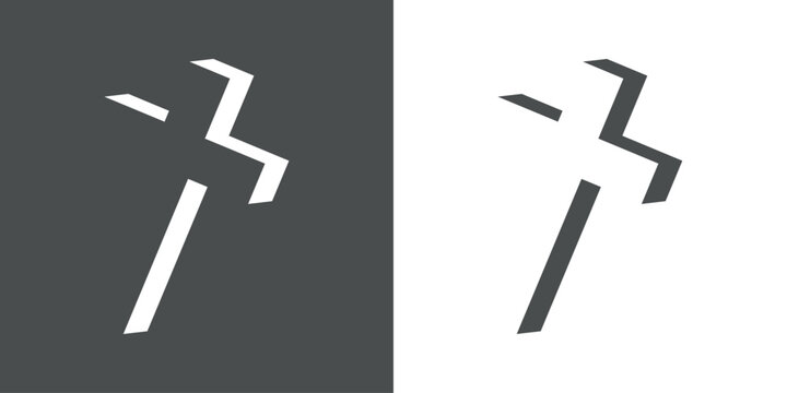 Logo con cruz cristiana en perspectiva tridimensional en espacio negativo. Icono de cruz religiosa