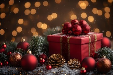 Festive Holiday Gift Box with Red Baubles and Pine Cones for Christmas Decor and Celebration