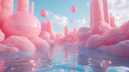 A surreal landscape with pink clouds, spheres, and serene water.