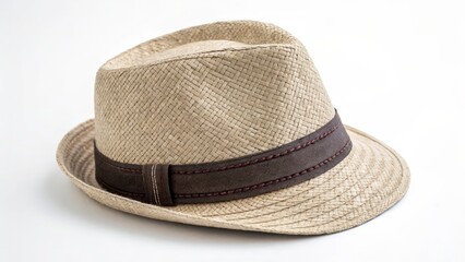 Beige Straw Fedora Hat with Brown Band