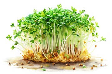 Vibrant watercolor alfalfa sprouts, high-resolution, isolated on white. Botanical illustration perfect for healthy eating photography.