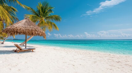 Fototapeta premium Straw umbrella and lounge chair on a white sand tropical beach under palm trees and blue sky.