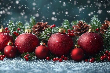 Naklejka premium Festive Christmas Scene with Red Baubles and Snowy Pine Cones for Holiday Decor