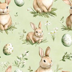 Fototapeta premium Spring green bunny seamless pattern watercolor eggs foliage joyful Easter theme