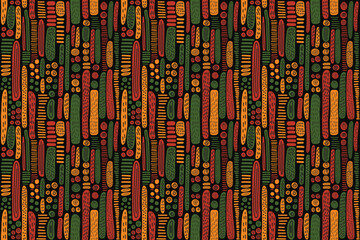 Abstract geometric seamless pattern background with simple geometric hand drawn shapes and lines. Africa inspired wallpaper, backdrop, print for Kwanzaa, Juneteenth, Black History Month