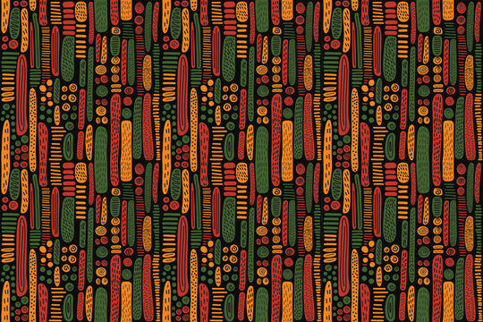 Abstract geometric seamless pattern background with simple geometric hand drawn shapes and lines. Africa inspired wallpaper, backdrop, print for Kwanzaa, Juneteenth, Black History Month