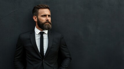 Handsome bearded businessman wearing watch, trendy suit and vest in modern studio against grey wall.