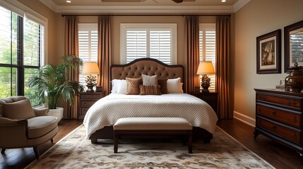 A transitional bedroom with a mix of modern furniture and classic decor accents